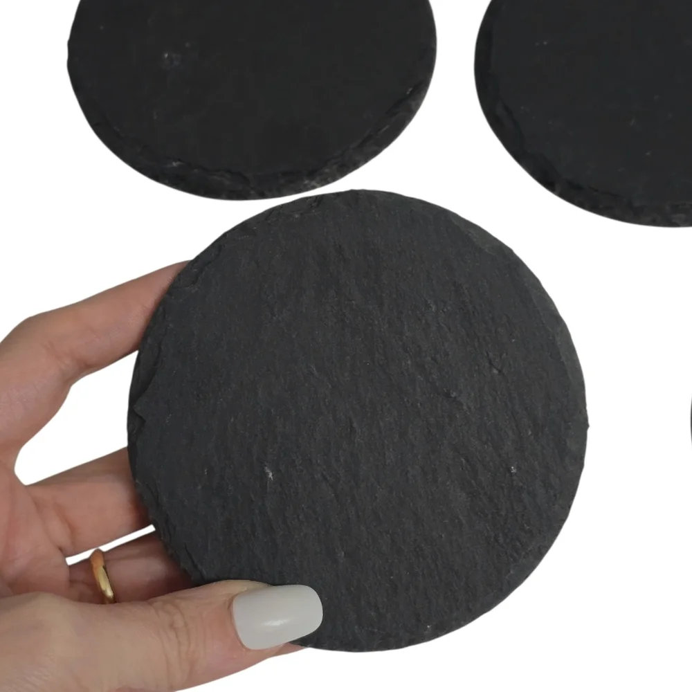 Set of 5 Jagged Slate Coasters Charcoal Gray Black Round Barware Home Essentials